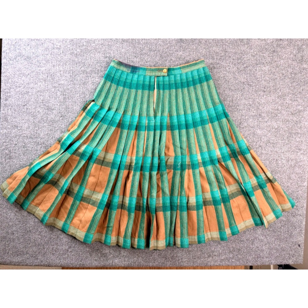 Vintage Pendleton Wool Reversible Pleated Skirt Green Brown Plaid USA Made 25W